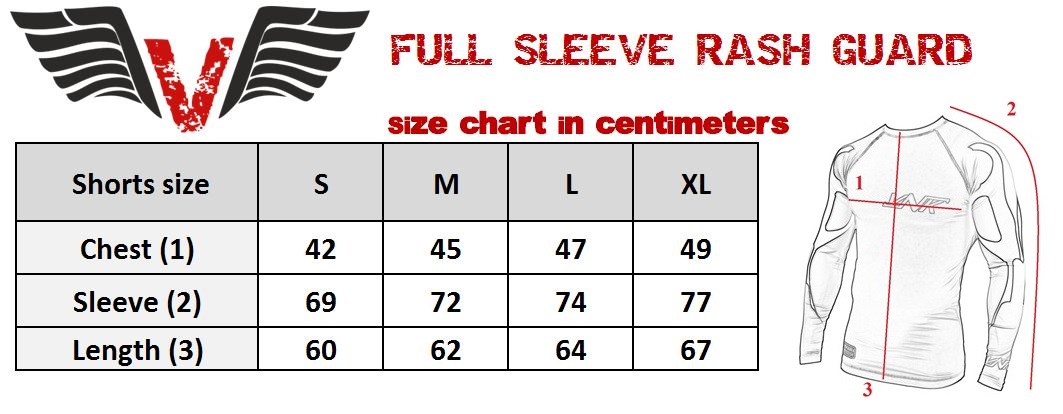 VNK Scath Rash Guard Grey with long sleeve size chart